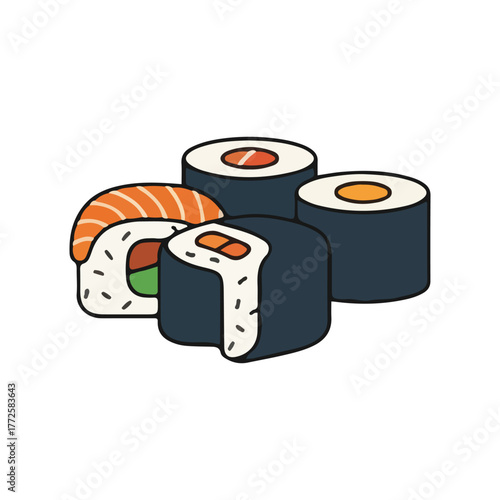 Four pieces of sushi are arranged on a white background, featuring salmon, tuna, and other fillings, showcasing Japanese cuisine.