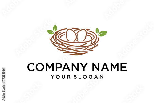 Bird's Nest with Two Eggs and Green Leaves Logo Design