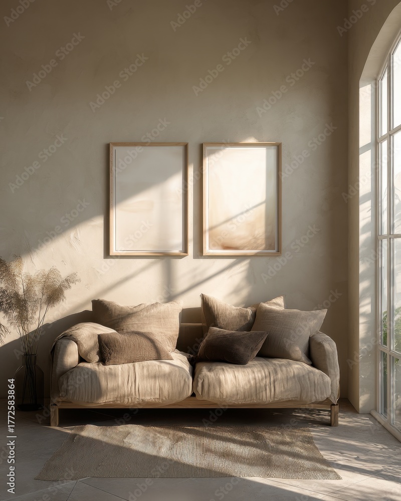 Fototapeta premium A couch with pillows on it in a room with a window