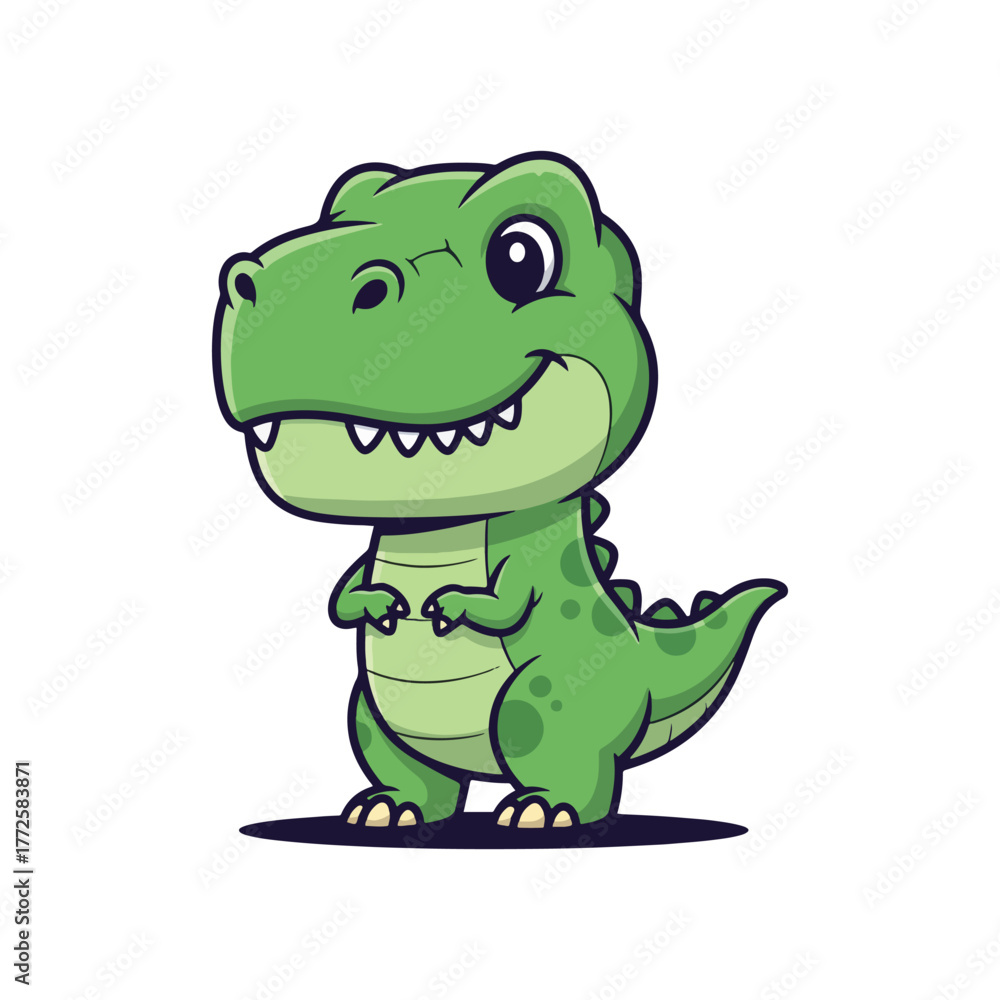 Fototapeta premium Cartoon depiction of a smiling, friendly green Tyrannosaurus Rex standing upright.