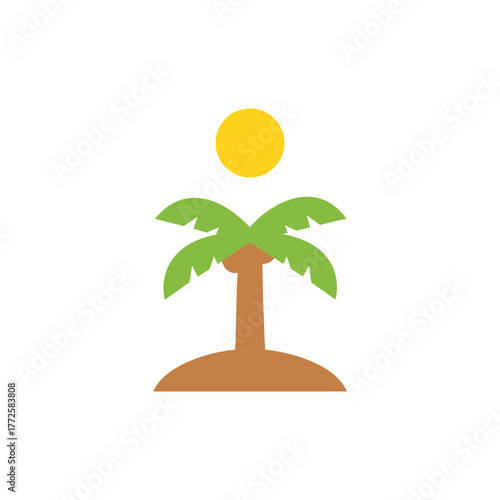 Stylized palm tree stands on small island under bright yellow sun, evoking tropical vacation and relaxation, perfect for travel themes.