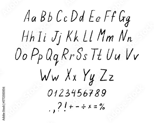 Hand-drawn crayon alphabet with uppercase, lowercase letters, numbers, and symbols