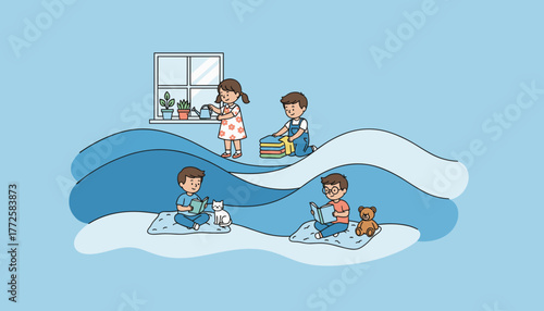 Kids reading watering plants and folding laundry happy domestic life and responsibility