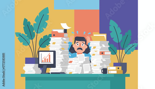 Stressed worker buried under a massive pile of paperwork and documents Overworked concept