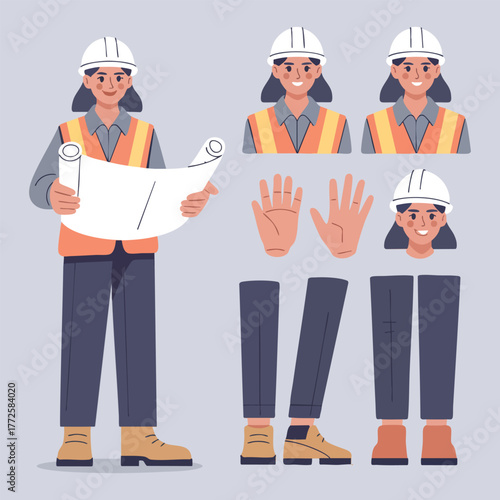 Female construction worker with blueprints and separate body parts hard hat safety vest