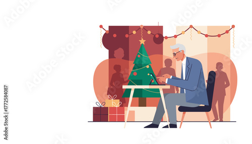 Busy senior man working on a laptop by Christmas tree focused on business during holiday season