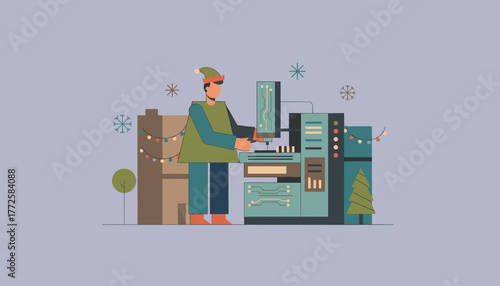 Christmas elf operating hightech manufacturing machine to create holiday presents
