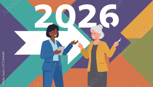 Businesswomen collaborating on strategy for 2026 Future planning and corporate goal illustration