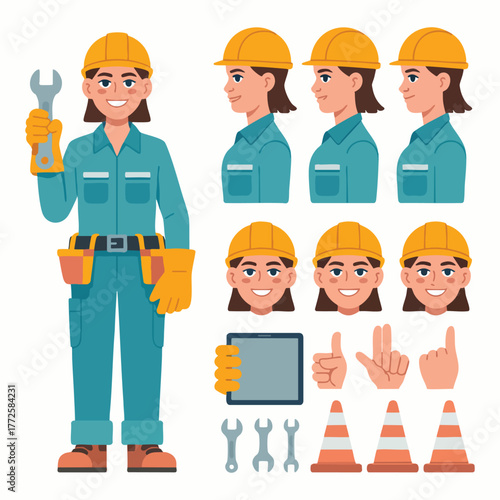 Female construction worker with tools and multiple views of her face and hands female worker