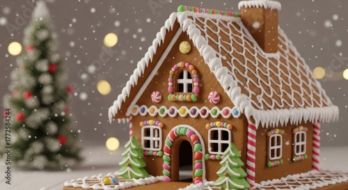 Festive Gingerbread House Decoration Holiday Sweet Treat with Christmas Tree and Snowflakes