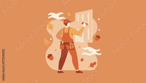 Contractor applying plastercement to a wall Autumn home renovation repair construction service illustration
