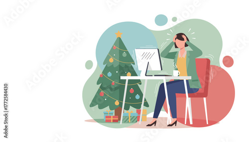 Holiday stress and burnout Woman working late at a computer next to a Christmas tree in the office