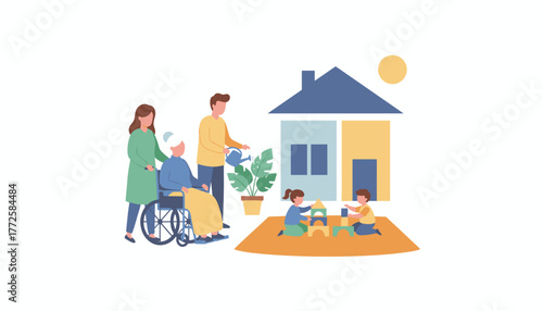 Loving multigenerational family spending time together caring for elderly and children