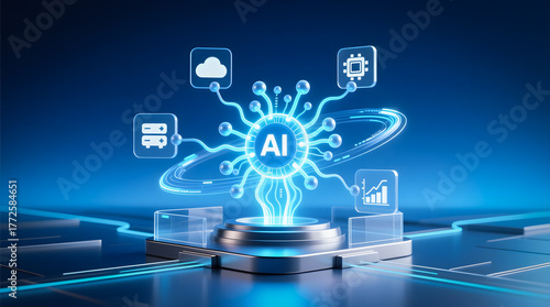 High-tech concept of a smart business solution where Artificial Intelligence acts as the central hub for various enterprise functions.