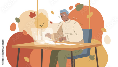 Senior man struggling with complex technology and documents reflecting aging in the digital world