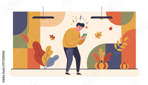 Frustrated man with phone showing anger and bad signal concept in cozy autumn interior illustration