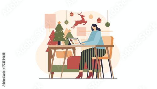 Festive business Woman works remotely on a laptop surrounded by Christmas decorations