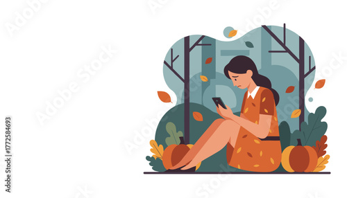 Sad woman checking phone outdoors in autumn park feeling lonely or stressed