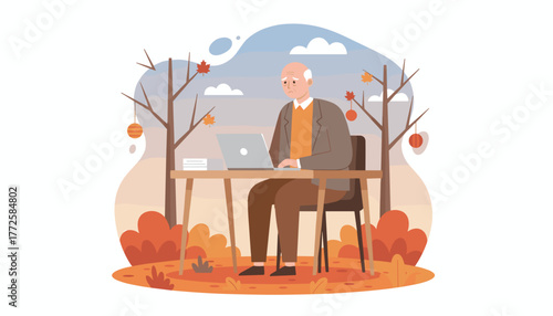 Mature man working remotely on a laptop in a quiet autumnal outdoor setting