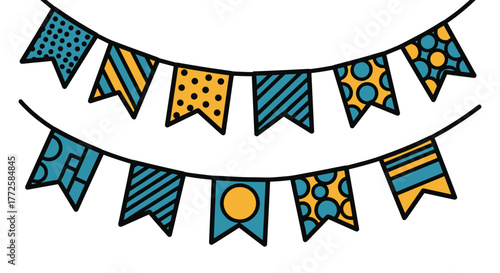 Vibrant party bunting flags with festive geometric patterns create a cheerful atmosphere for celebrations and special events