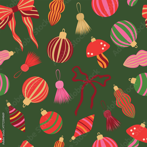 Christmas ornaments vector seamless pattern. Bright striped xmas baubles, mushroom decorations, festive tassels and ribbon bows on green background. Colorful winter holiday decorations repeat design