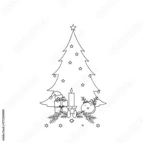 Line art Christmas tree with presents and candle in festive setting