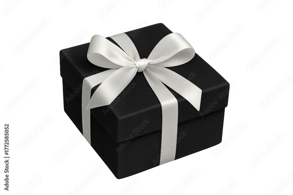 Obraz premium Black gift box with white satin ribbon bow for celebration, surprise, anniversary, or special event, transparent background