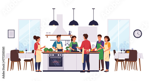 Diverse group happily learns culinary skills together in a bright, modern kitchen class setting