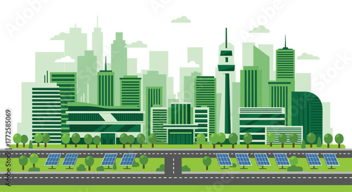 Vibrant green cityscape powered by clean solar energy, showcasing sustainable urban development and a brighter future for all