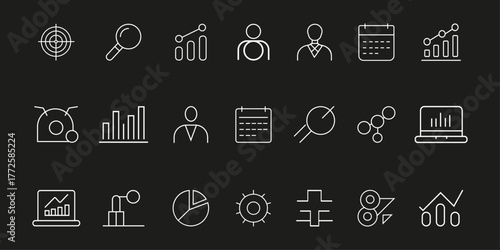 Business and finance line icon set for data analysis, reporting, and corporate management. Minimalist line icon collection for corporate and business themes. Vector icon, Vector Illustration.