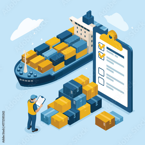 Isometric cargo ship with stacked boxes and checklist clipboard container ship shipping