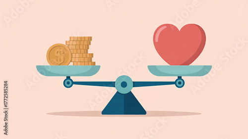Scales balancing gold coins and a red heart represent finding harmony between financial stability and emotional well-being.