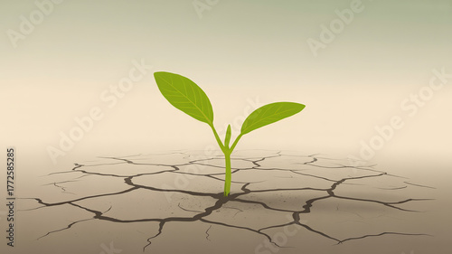 Green sprout emerging from dry cracked soil symbolizes environmental resilience and hope for sustainable recovery.