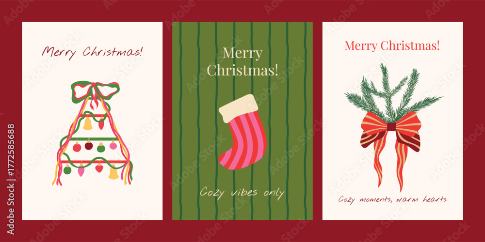 Obraz premium Zestaw wektorowych plakatów z życzeniami Wesołych Świąt. Modne zimowe szablony kartek okolicznościowych z choinką, gałązkami, ozdobami, pończochą, kokardą i napisami. Nowoczesny, świąteczny wydruk ścienny, kartki.