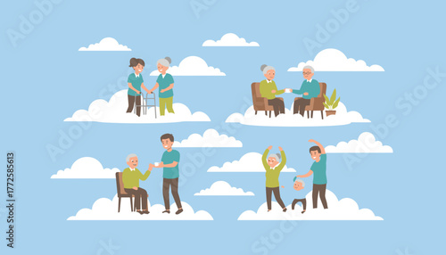 Illustrations of elderly people receiving care exercising and enjoying life on clouds Happy aging concept