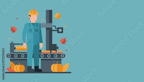 Seasonal factory worker standing by conveyor belt machinery harvesting and autumn production concept