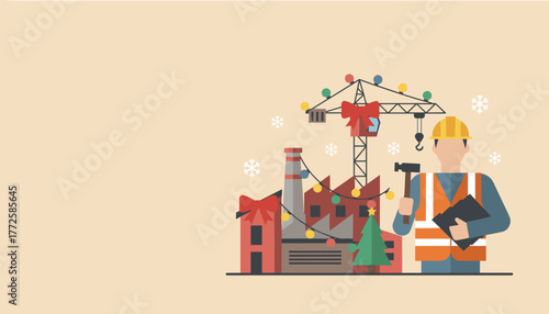 Construction worker and factory celebrate Christmas holiday build