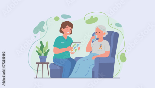 Home nurse assists elderly patient drinking water focusing on recovery and care