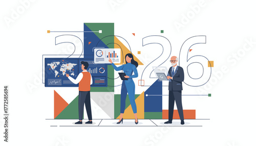 Forecasting 2026 Business team analyzing global data and financial charts