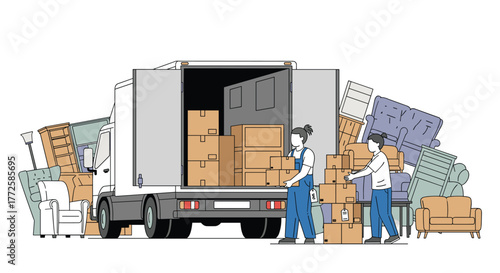 Dedicated movers efficiently pack and transport furniture and boxes into a large truck, streamlining relocation services for a smooth transition
