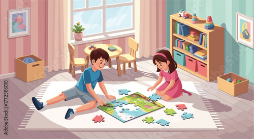 Joyful siblings collaborate on a colorful puzzle, building teamwork and problem-solving skills in a bright, playful playroom environment