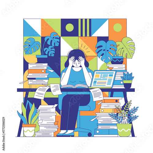 Overwhelmed professional dealing with work stress massive workload and deadline pressure