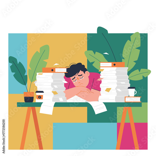Overwhelmed employee sleeping amidst massive paperwork stacks Deadline stress and burnout illustration