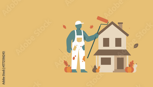 House painter doing autumn exterior renovation and maintenance work