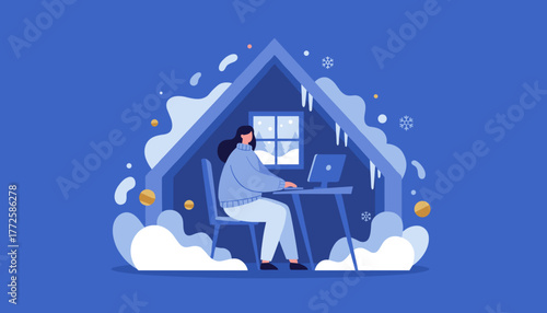 Woman working remotely on laptop inside a cozy snowy winter attic home office illustration