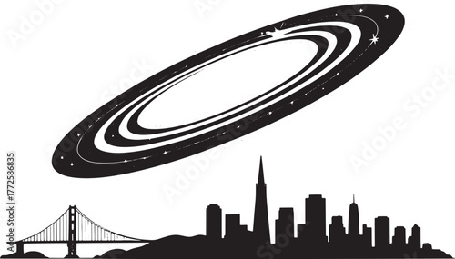 San Francisco Skyline with Space Rings Vector Art Cityscape Golden Gate Silhouette Graphic