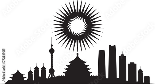 Shanghai cityscape silhouette with sunburst decoration simple vector art