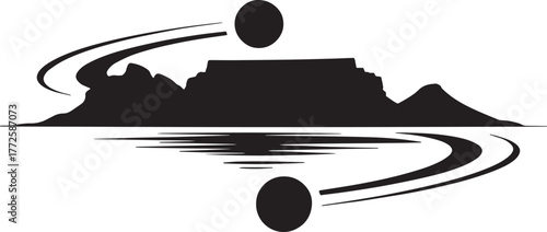 Table Mountain Silhouette with Water Reflection and Orbital Design Vector Graphic