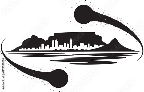 Table Mountain Silhouette with Cape Town Skyline and Brush Strokes Vector Graphic