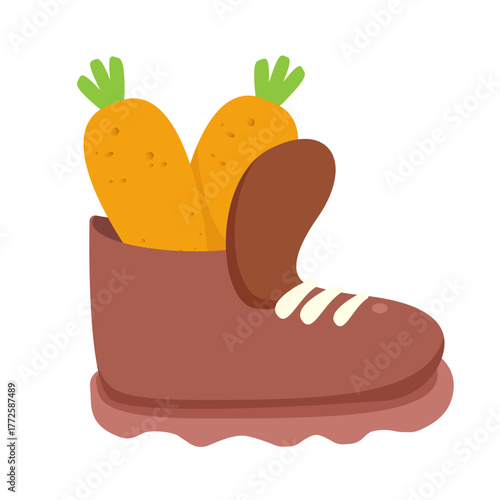 Winter boots with carrot inside, symbol of Sinterklaas. Sinterklaas cartoon hand drawn shoes with carrot. Saint Nicholas Day Poster Vector, Dutch Holiday Celebration Card with Gift in Red Boot